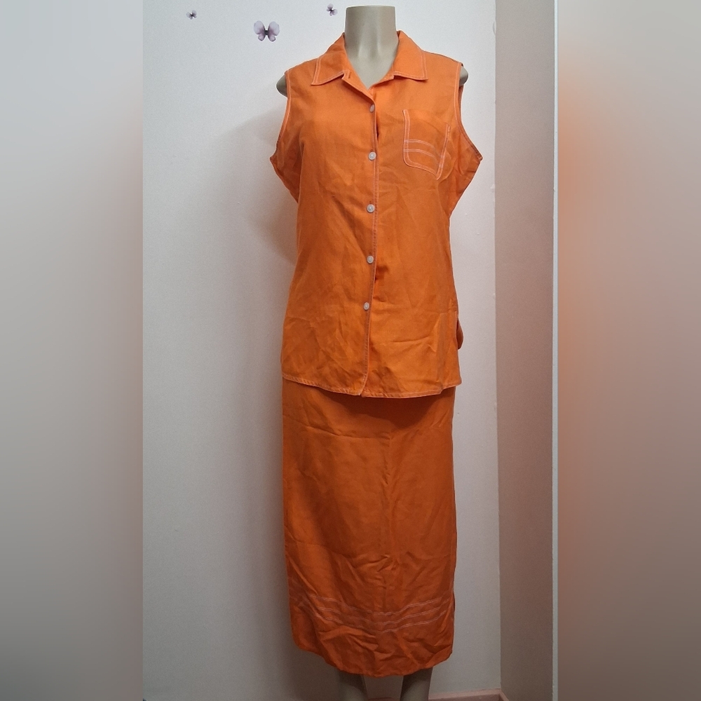 Vintage Marla Kim 2 Piece Skirt & Top Maxi Medium Orange Cruise Vacation Casual